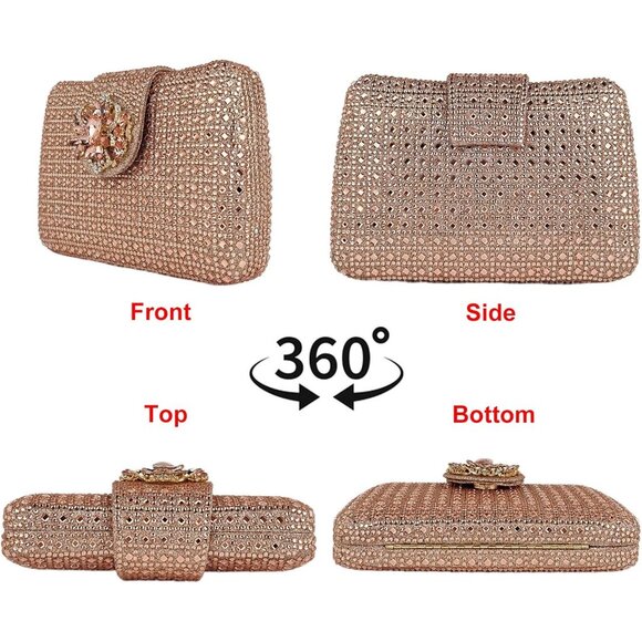 Women's Tan Sparkly Rhinestone Unique Evening Floral Clutch Shoulder Handbag - Picture 2 of 6